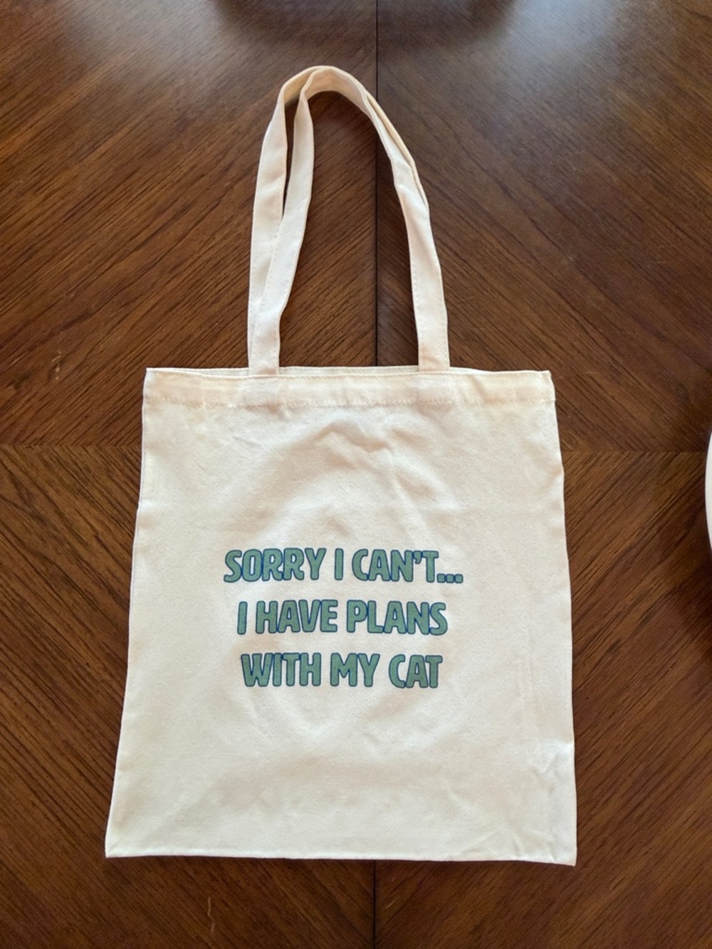 Canvas Tote Bag with Cat Quote - Cream with Teal Text